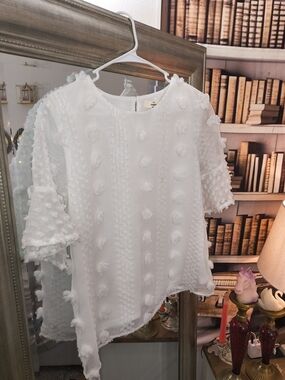 NWOT Entro White Textured Swiss Dot Blouse Medium Sheer Boho Cottagecore Top